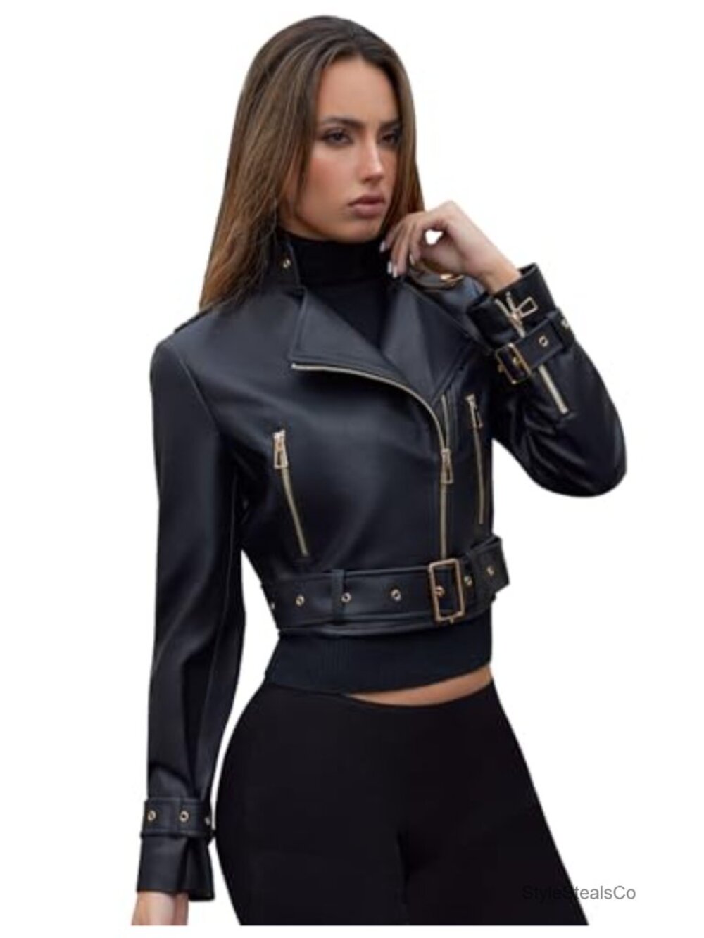 Womens Faux Leather Motorcycle Jacket Slim Short Biker Coat PU Vegan Leather